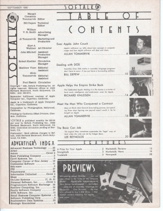 V1.01 Softalk Magazine contents page, September 1980