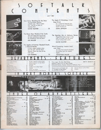 V2.11 Softalk Magazine contents page, July 1982